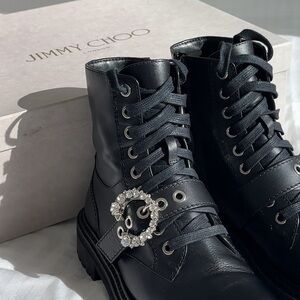 Jimmy Choo Cora Black Soft Calf Leather Combat Boots with Crystal Buckle.Size 6